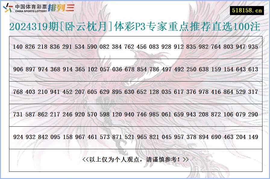 2024319期[卧云枕月]体彩P3专家重点推荐直选100注