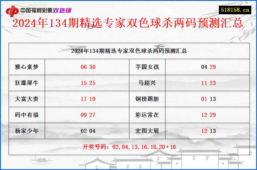 2024年134期精选专家双色球杀两码预测汇总