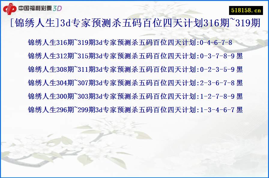 [锦绣人生]3d专家预测杀五码百位四天计划316期~319期