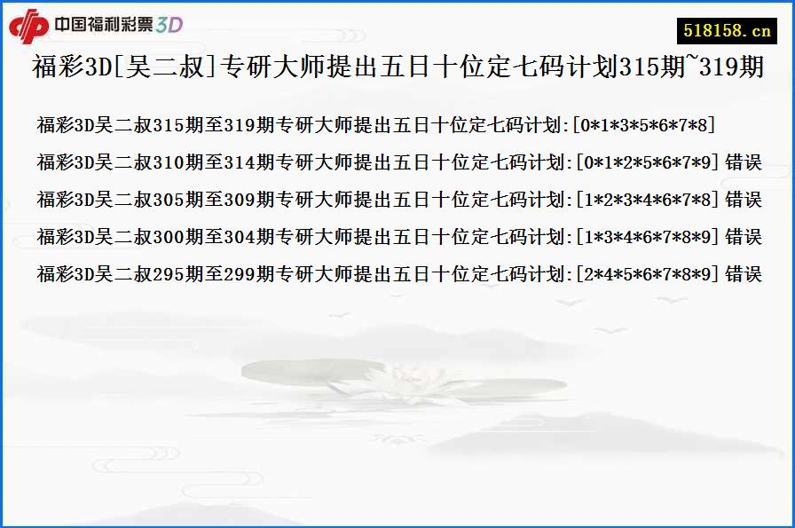 福彩3D[吴二叔]专研大师提出五日十位定七码计划315期~319期