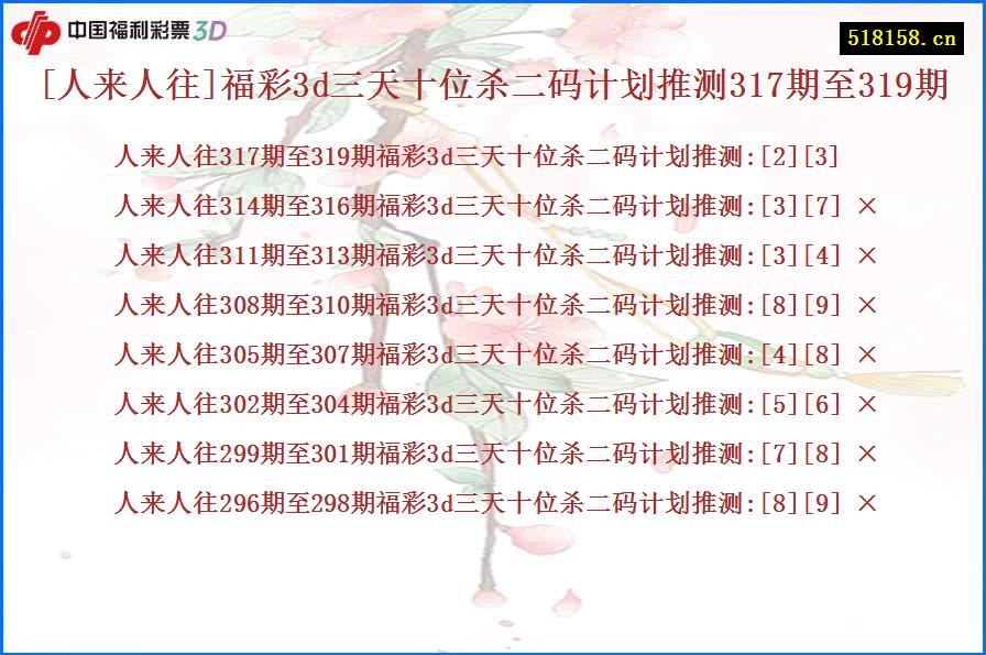 [人来人往]福彩3d三天十位杀二码计划推测317期至319期