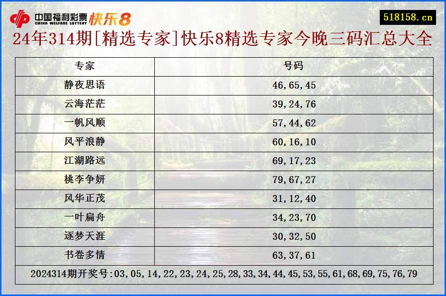 24年314期[精选专家]快乐8精选专家今晚三码汇总大全