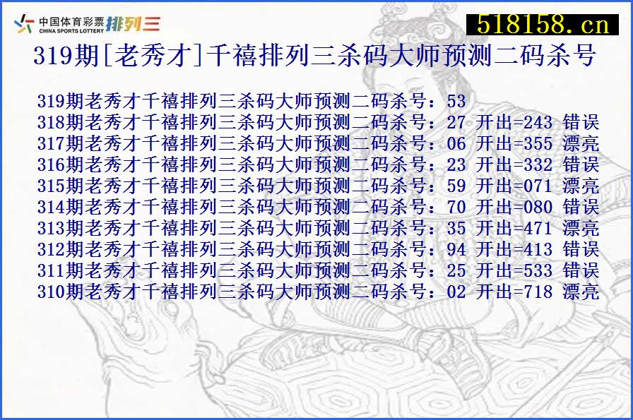 319期[老秀才]千禧排列三杀码大师预测二码杀号