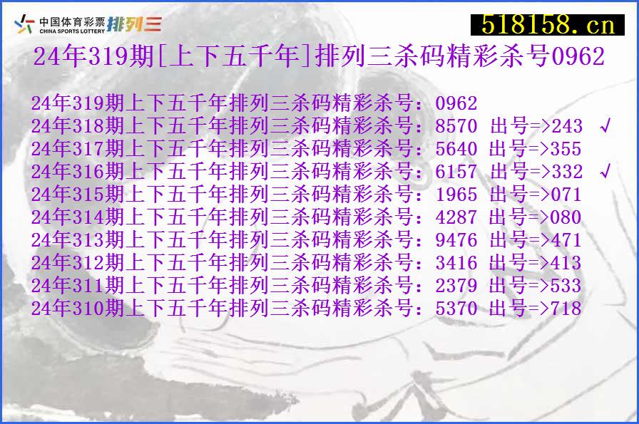 24年319期[上下五千年]排列三杀码精彩杀号0962