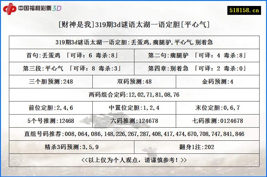 [财神是我]319期3d谜语太湖一语定胆[平心气]