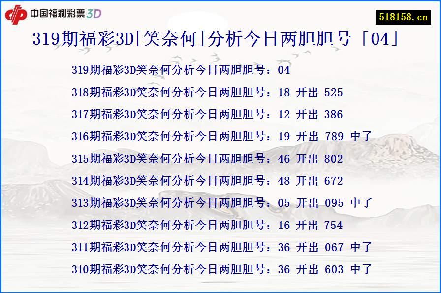 319期福彩3D[笑奈何]分析今日两胆胆号「04」