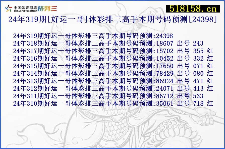 24年319期[好运一哥]体彩排三高手本期号码预测[24398]