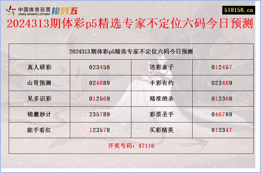 2024313期体彩p5精选专家不定位六码今日预测