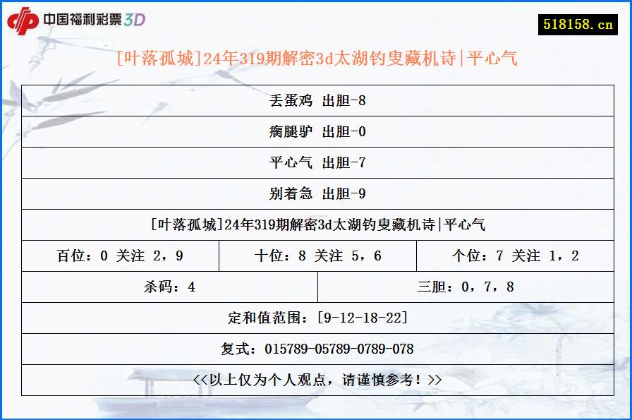 [叶落孤城]24年319期解密3d太湖钓叟藏机诗|平心气