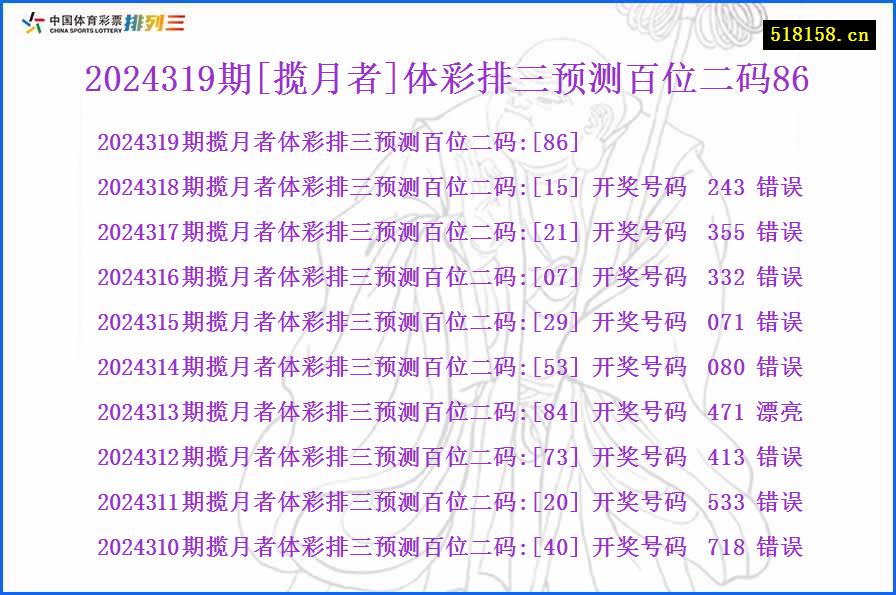 2024319期[揽月者]体彩排三预测百位二码86