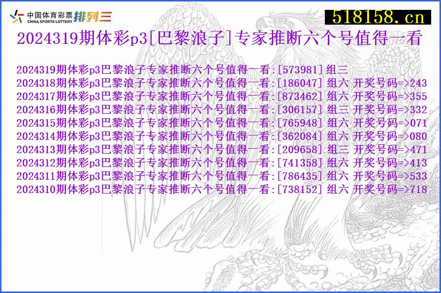 2024319期体彩p3[巴黎浪子]专家推断六个号值得一看