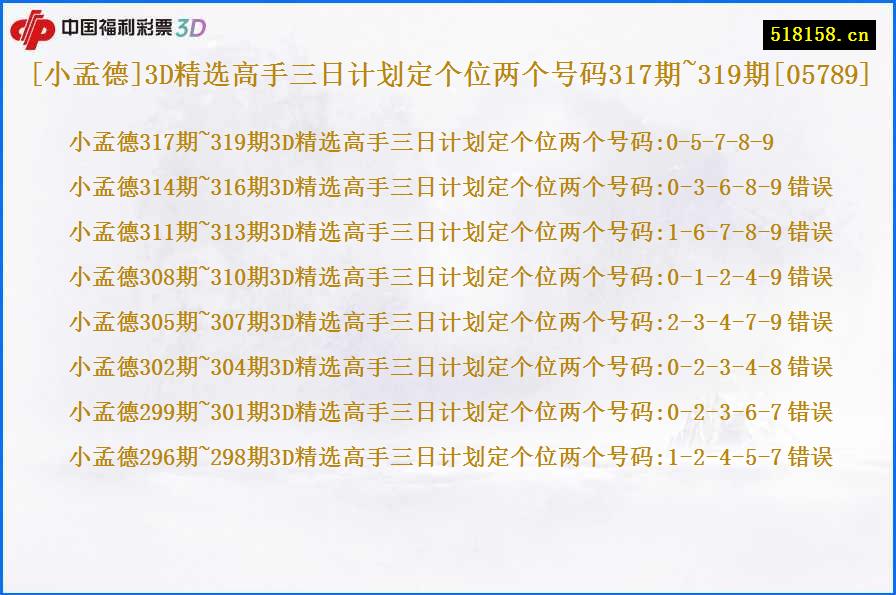 [小孟德]3D精选高手三日计划定个位两个号码317期~319期[05789]
