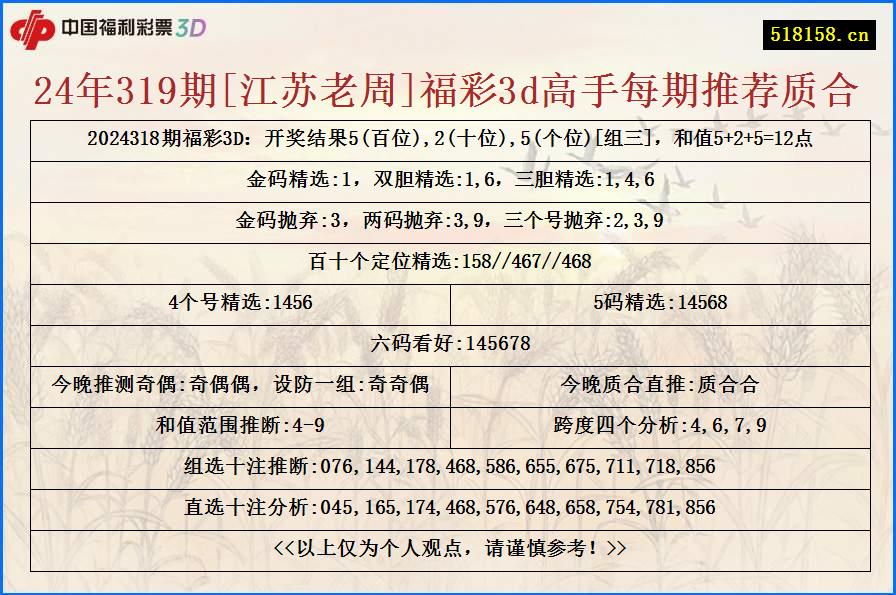 24年319期[江苏老周]福彩3d高手每期推荐质合