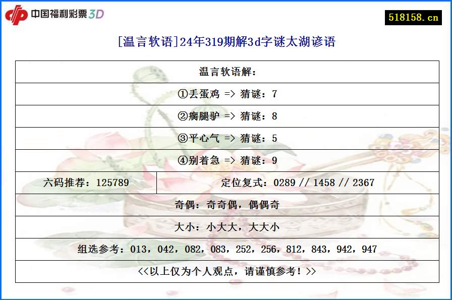 [温言软语]24年319期解3d字谜太湖谚语