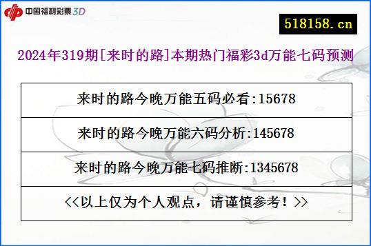 2024年319期[来时的路]本期热门福彩3d万能七码预测