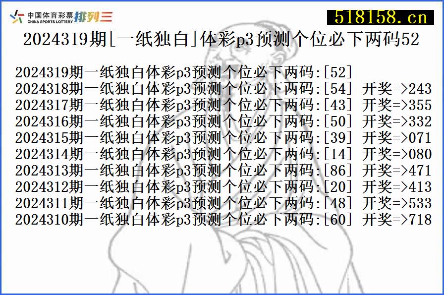 2024319期[一纸独白]体彩p3预测个位必下两码52