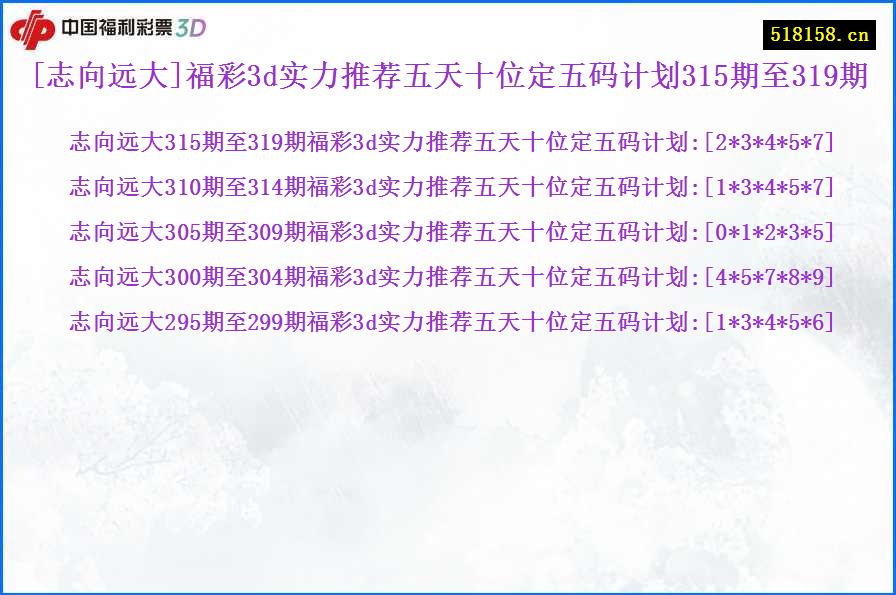 [志向远大]福彩3d实力推荐五天十位定五码计划315期至319期