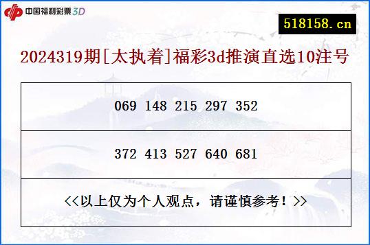 2024319期[太执着]福彩3d推演直选10注号