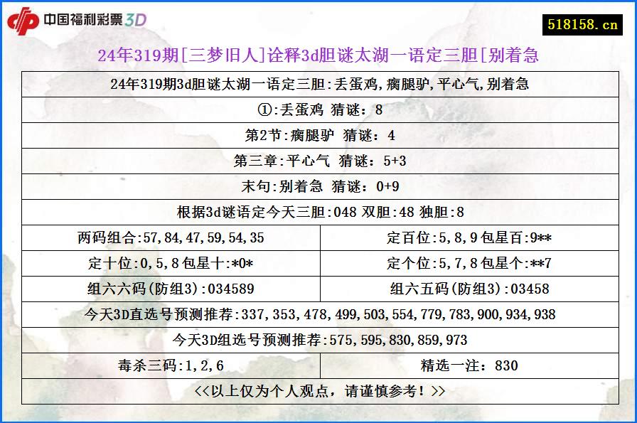 24年319期[三梦旧人]诠释3d胆谜太湖一语定三胆[别着急