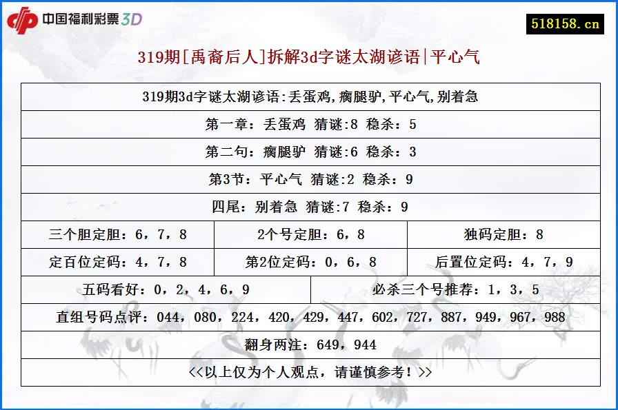 319期[禹裔后人]拆解3d字谜太湖谚语|平心气