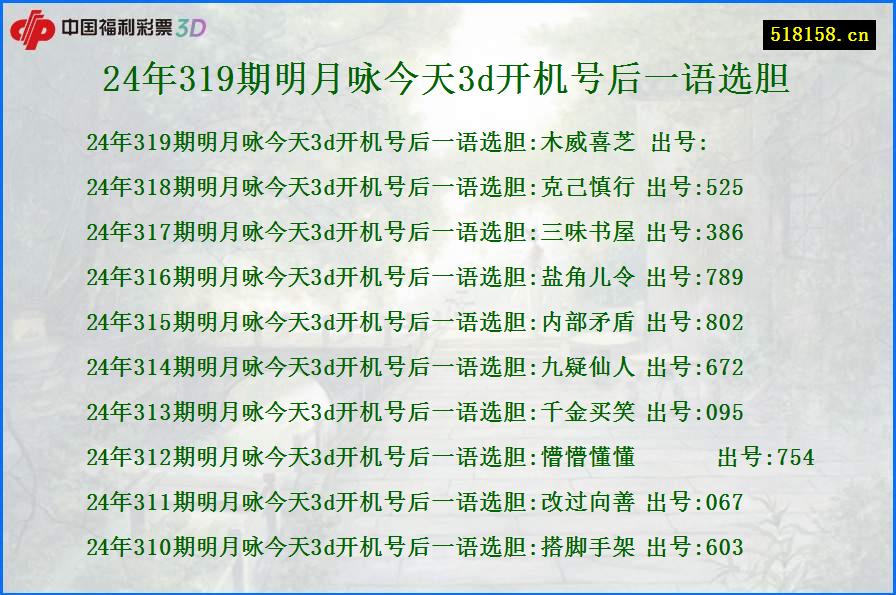 24年319期明月咏今天3d开机号后一语选胆