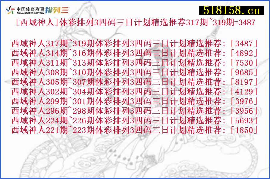 [西域神人]体彩排列3四码三日计划精选推荐317期~319期=3487