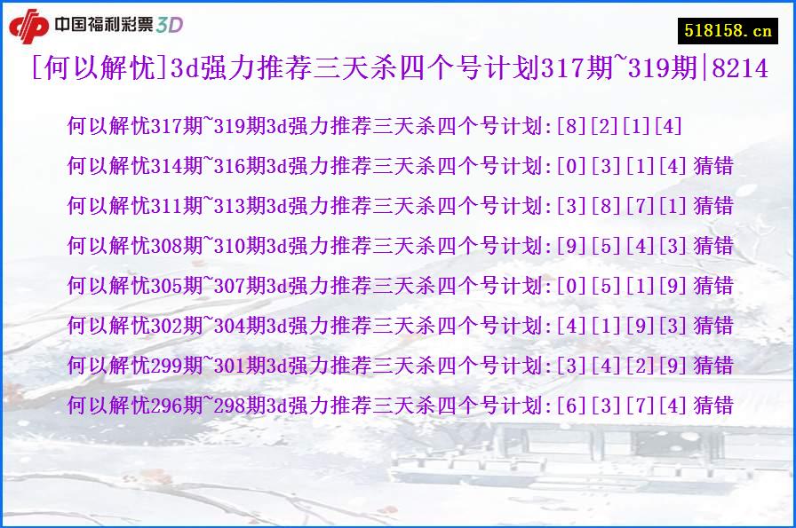 [何以解忧]3d强力推荐三天杀四个号计划317期~319期|8214