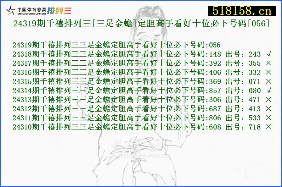 24319期千禧排列三[三足金蟾]定胆高手看好十位必下号码[056]