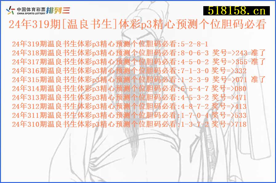 24年319期[温良书生]体彩p3精心预测个位胆码必看