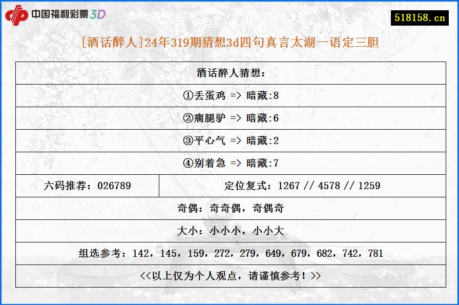 [酒话醉人]24年319期猜想3d四句真言太湖一语定三胆