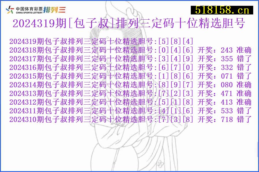 2024319期[包子叔]排列三定码十位精选胆号