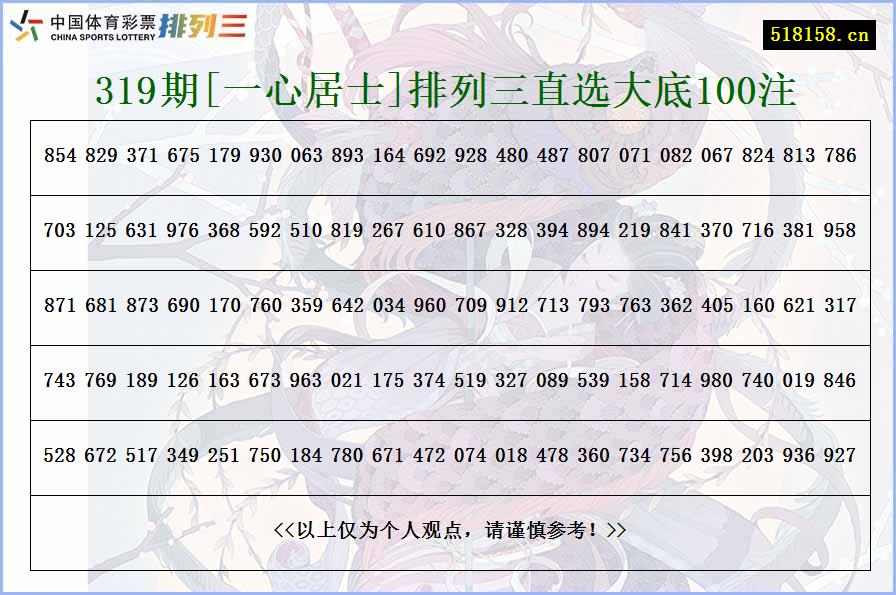 319期[一心居士]排列三直选大底100注