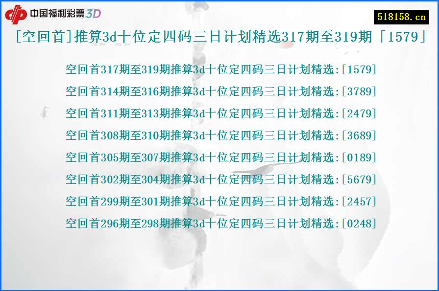 [空回首]推算3d十位定四码三日计划精选317期至319期「1579」