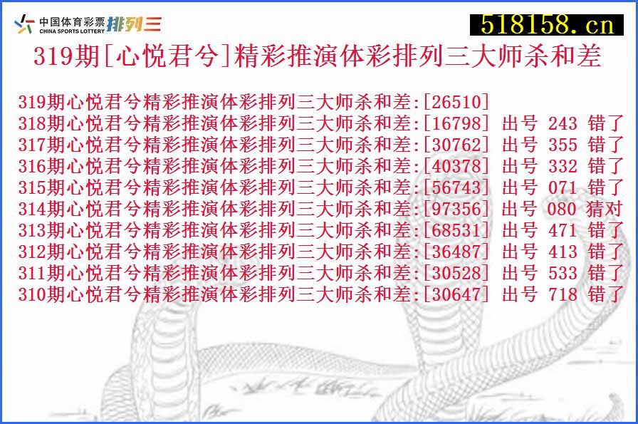 319期[心悦君兮]精彩推演体彩排列三大师杀和差