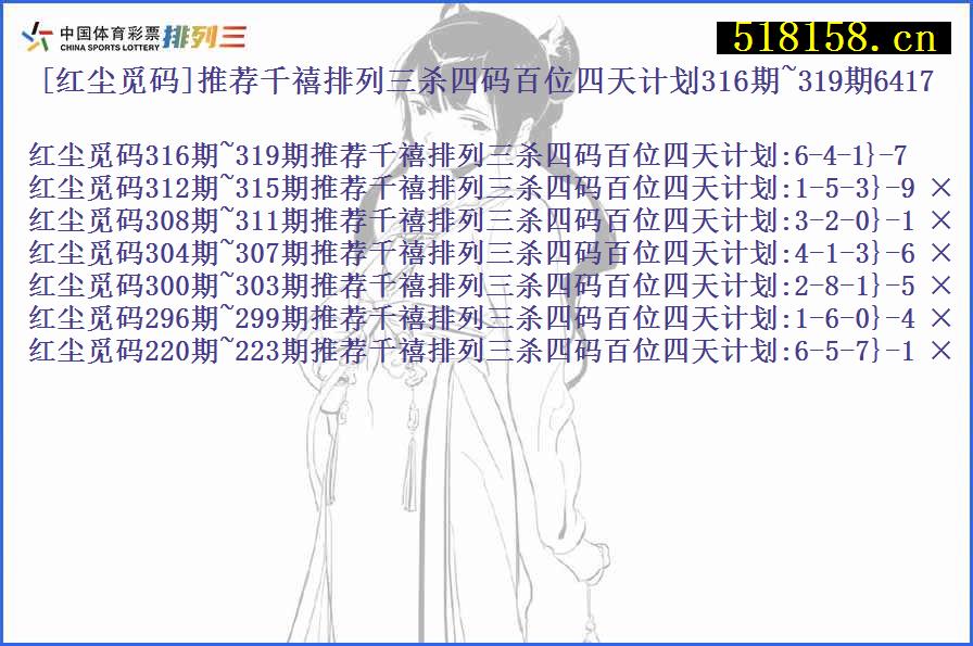 [红尘觅码]推荐千禧排列三杀四码百位四天计划316期~319期6417