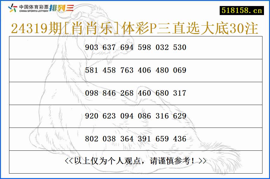 24319期[肖肖乐]体彩P三直选大底30注