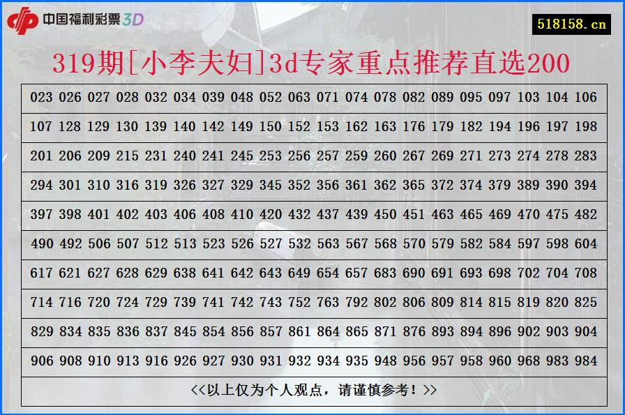 319期[小李夫妇]3d专家重点推荐直选200