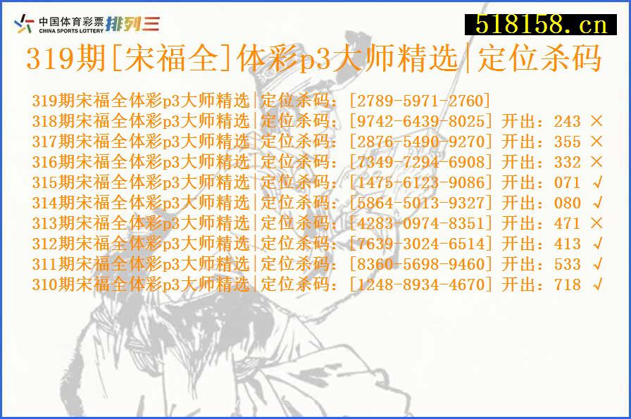 319期[宋福全]体彩p3大师精选|定位杀码