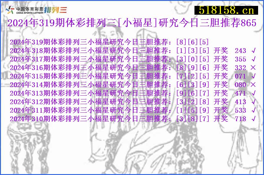 2024年319期体彩排列三[小福星]研究今日三胆推荐865