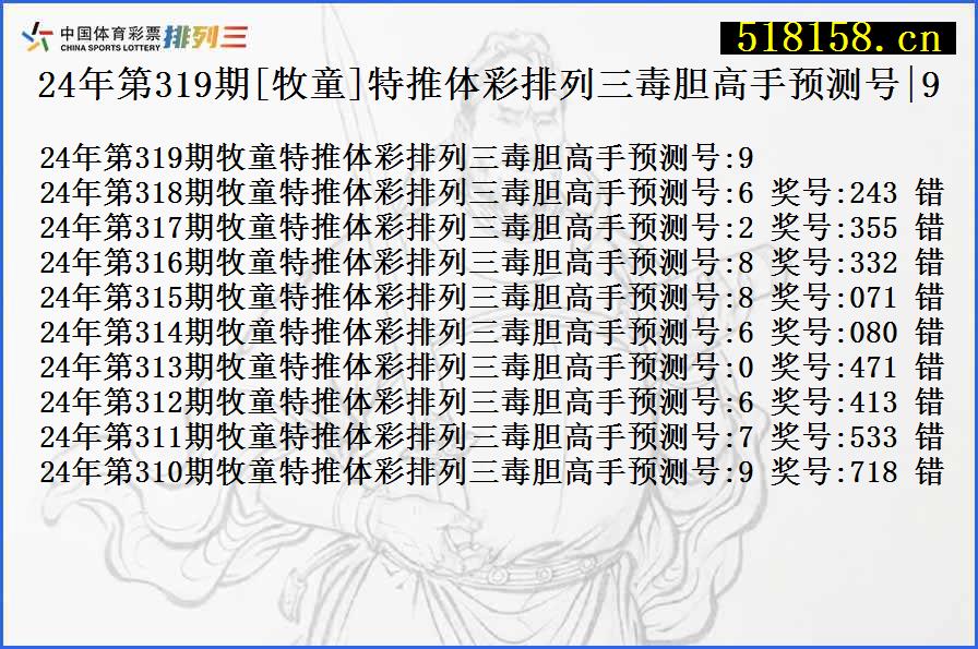 24年第319期[牧童]特推体彩排列三毒胆高手预测号|9