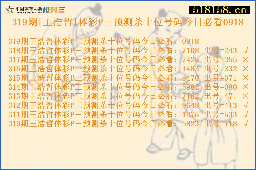 319期[王浩哲]体彩P三预测杀十位号码今日必看0918