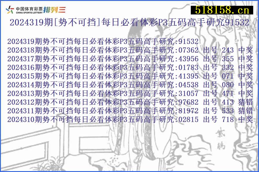 2024319期[势不可挡]每日必看体彩P3五码高手研究91532