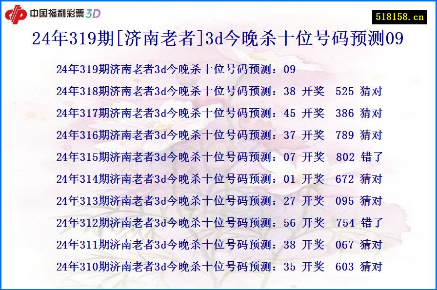 24年319期[济南老者]3d今晚杀十位号码预测09