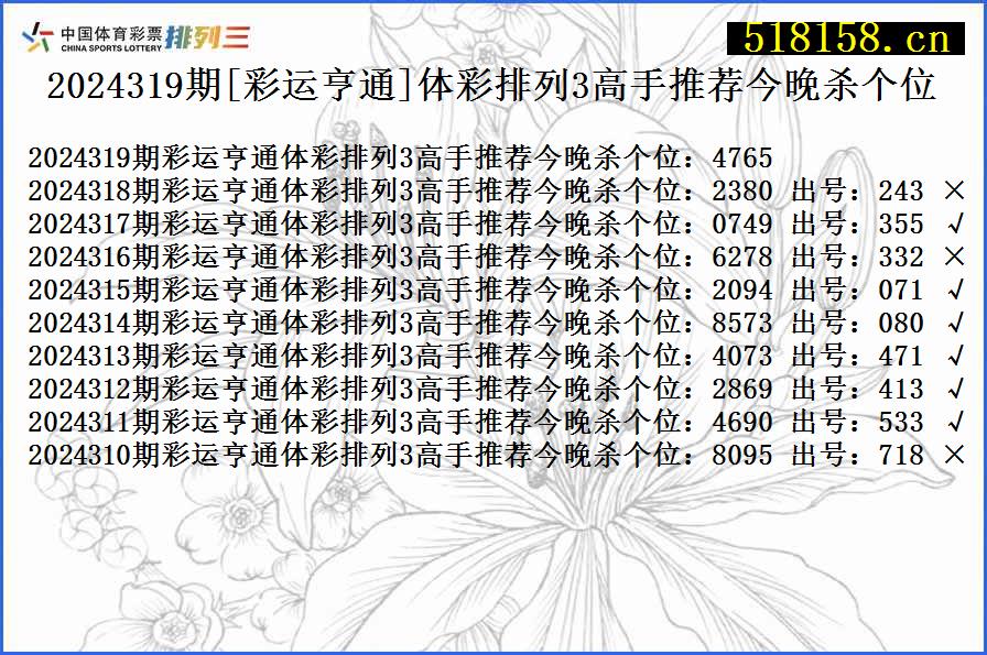 2024319期[彩运亨通]体彩排列3高手推荐今晚杀个位