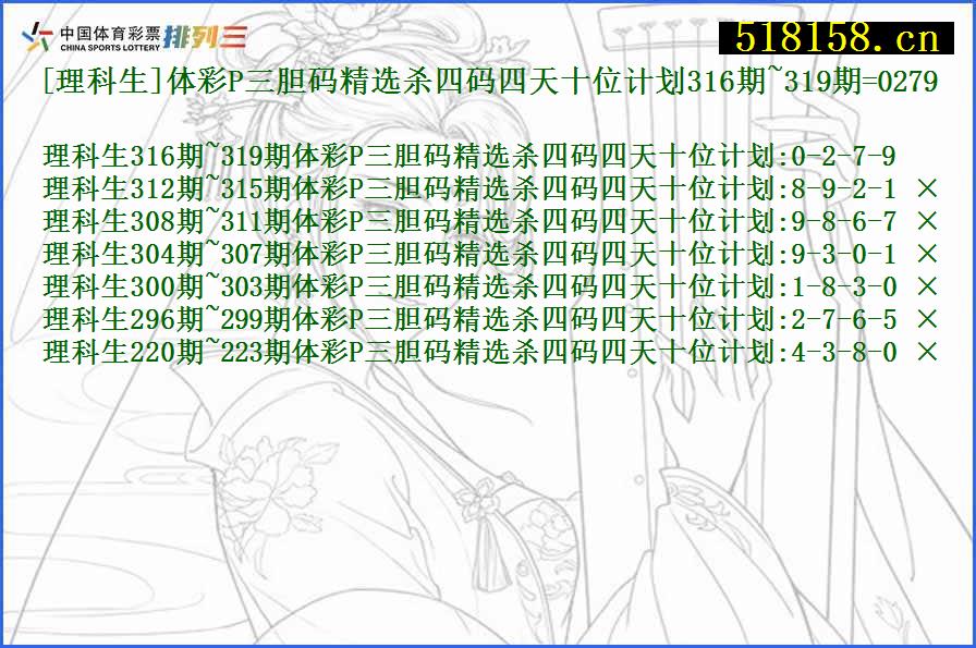 [理科生]体彩P三胆码精选杀四码四天十位计划316期~319期=0279