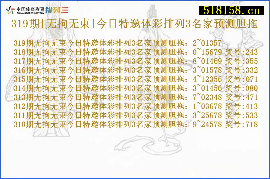 319期[无拘无束]今日特邀体彩排列3名家预测胆拖