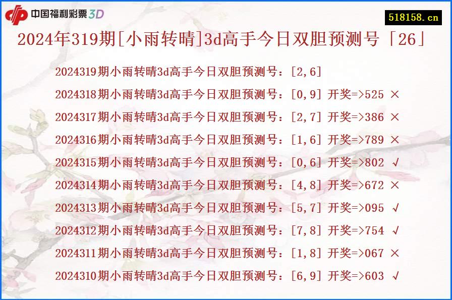 2024年319期[小雨转晴]3d高手今日双胆预测号「26」