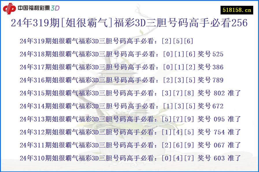 24年319期[姐很霸气]福彩3D三胆号码高手必看256