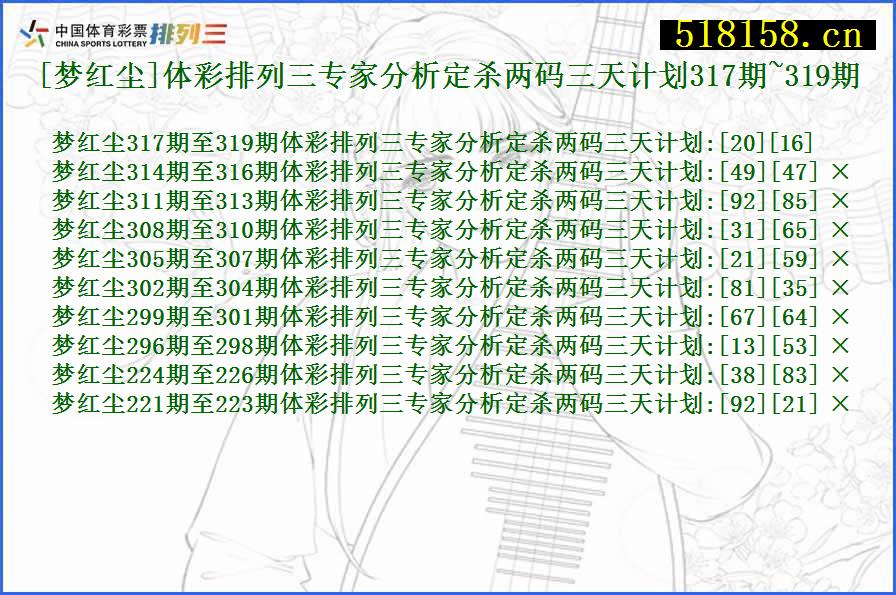 [梦红尘]体彩排列三专家分析定杀两码三天计划317期~319期