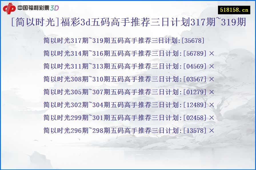 [简以时光]福彩3d五码高手推荐三日计划317期~319期